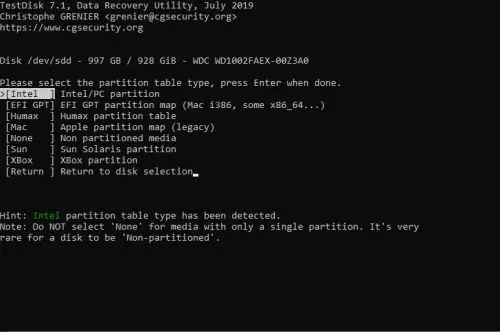 Odzyskiwanie danych w TestDisk (typ partycji)