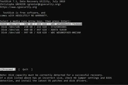 Odzyskiwanie danych w TestDisk (wybór nośnika)