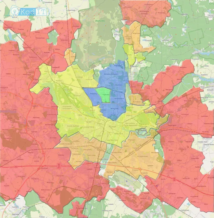 Mapa stref dojazdu do klienta - Poznań i okolice