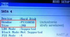 Uszkodzonona strefa serwisowa dysku SSD