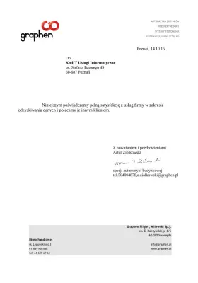 Nieniejszym poświadczamy pełną satysfakcję z usług firmy w zakresie odzyskiwania danych...