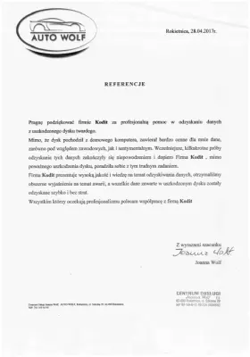 Firma KodIT prezentuje wysoką jakość i wiedzę na temat odzyskiwania danych.