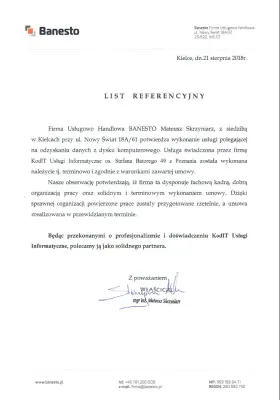 ... potwierdza wykonanie usługi polegającej na odzyskaniu danych z dysku komputerowego.