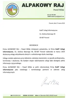 ... wykonała (...) skuteczną usługę odzyskiwania danych z uszkodzonego dysku twardego.